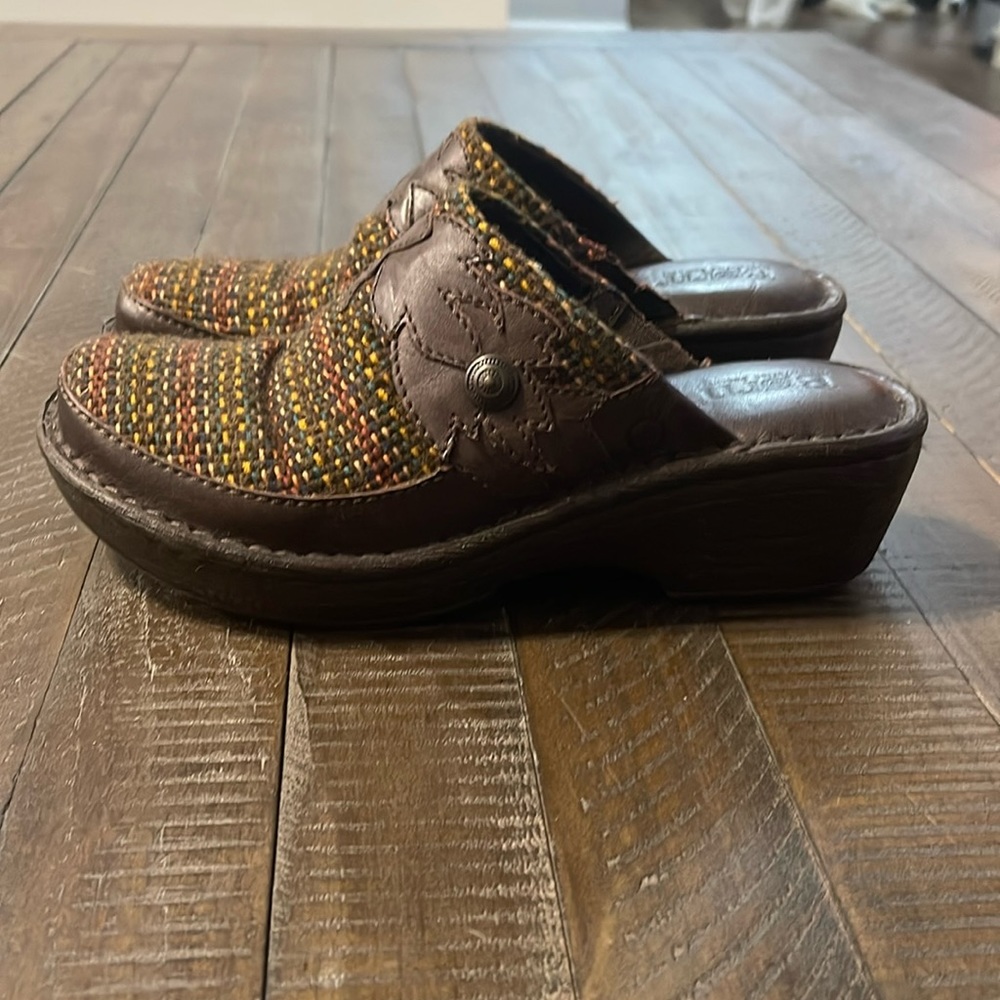 BORN Pittina Brown Serape Clog Multicolor Tweed Slip On Mule Womens US 7 EU 38.